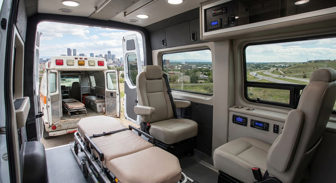 Medical transport vehicle interior designed for patient comfort across America