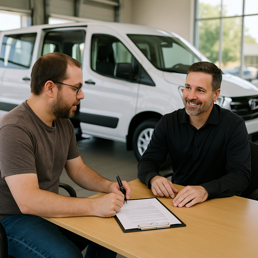 I need an image of a person at a vehicle dealer financing a white mobility van. Do NOT add any text to this image. Make it realistic. Make it so it looks likeHow Financing Options Make Mobility Vans More Accessible its just two people talking