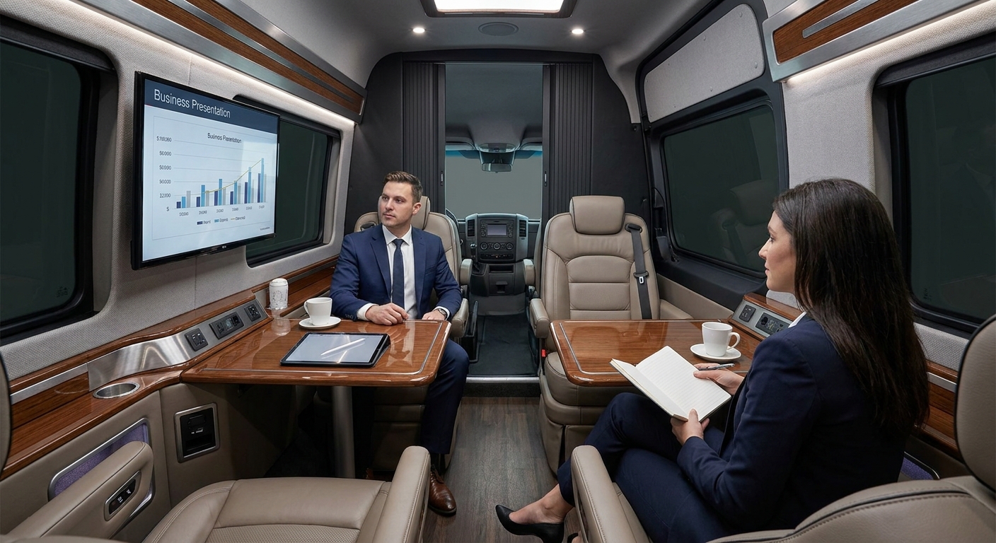 Customized executive livery van interior for business travel with luxury seating and technology features