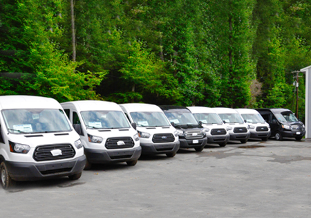 Fleet of white and black parked vans