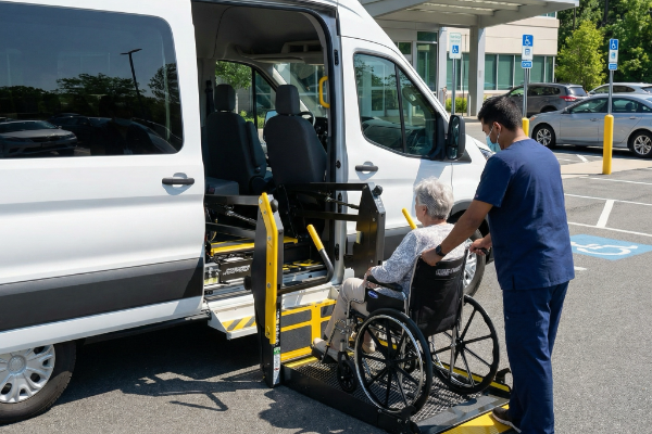 parked white van with platform lowered